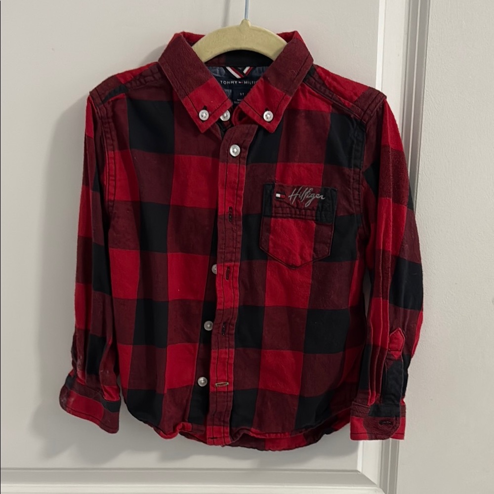 Tommy Hilfiger Red and Black Button Down Flannel Shirt- size 3T
